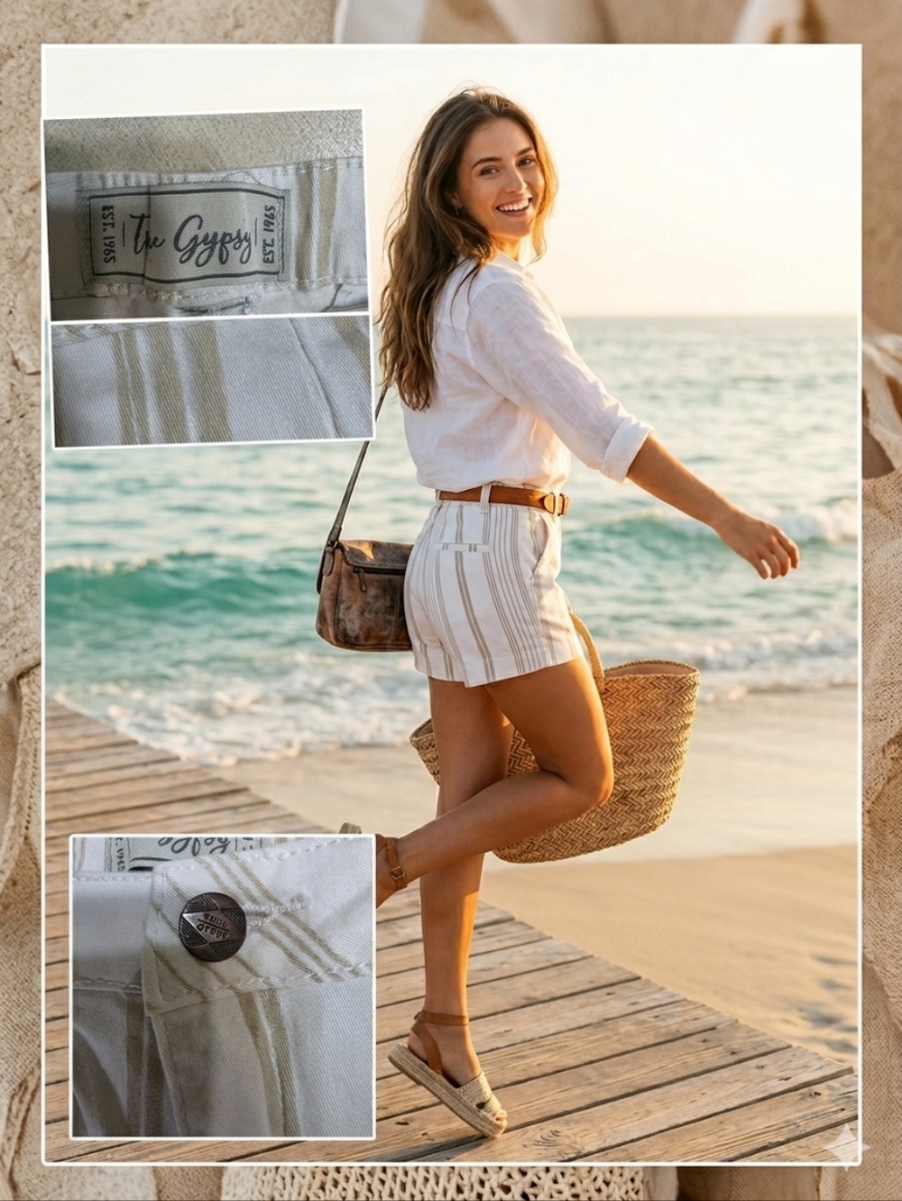 True Gypsy Neutral Striped Denim Shorts - Size 26 (Small). MSRP $50